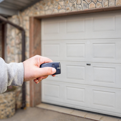 Oklahoma City security key fob pointing to a garage door