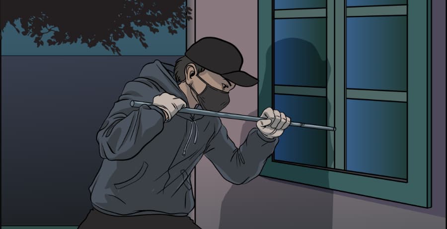 Illustration of burglar forcing entry through a window in Oklahoma City